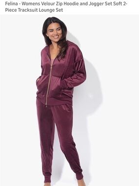 Felina Velour Zip Hoodie & Jogger Set - Plum, Size XS